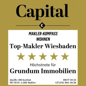 Presse 1 Capital Makler-Kompass — Top-Makler Wiesbaden. Höchstnote für GRUNDUM Immobilien (FABONO ist die Spezialisierungsmarke der GRUNDUM Immobilien GmbH). Gültig bis Oktober 2026.